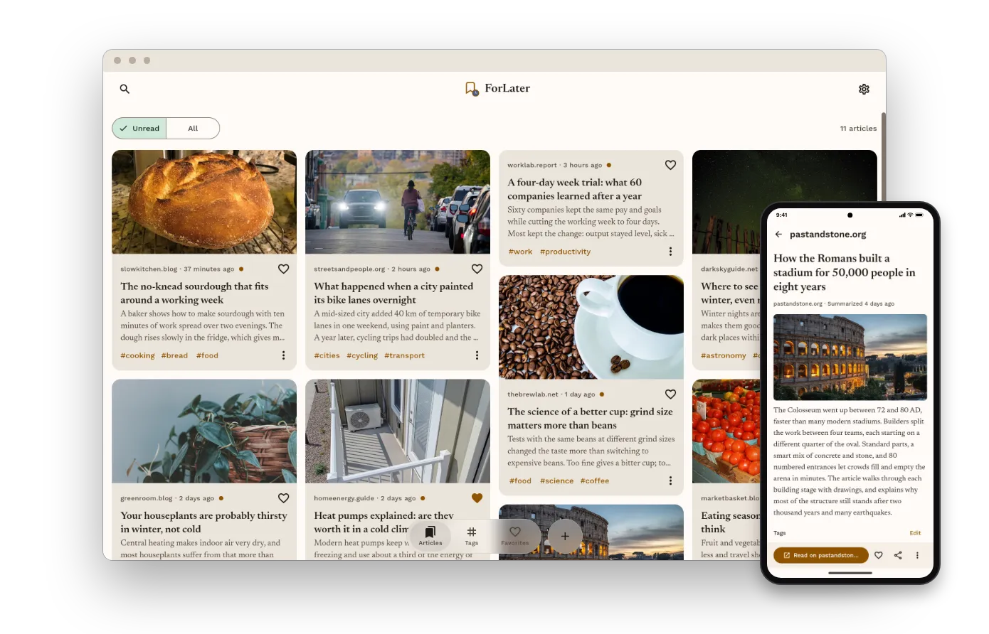 ForLater on a computer, showing the feed of saved articles, with the same list open on a phone in front of it.