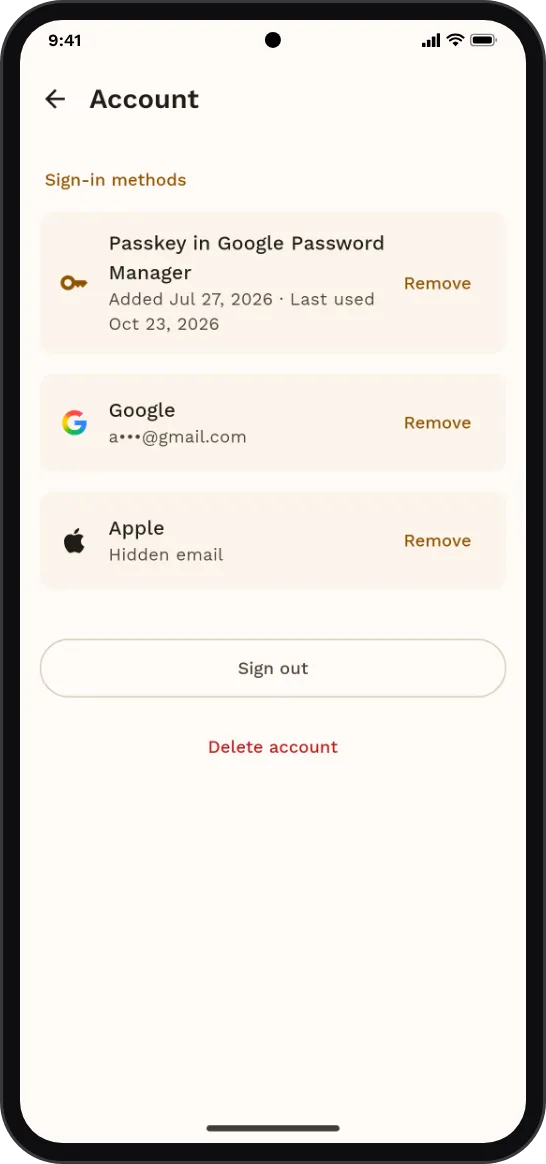 The account screen: sign in with a passkey, Google or Apple, sign out, or delete the account.