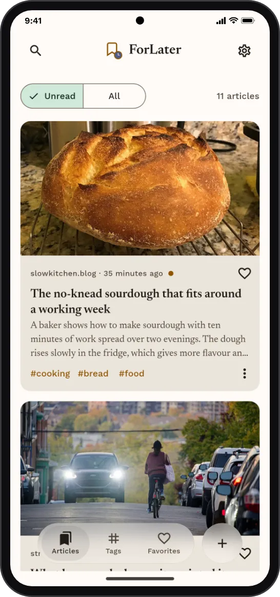 The ForLater feed: article cards with a photo, a short summary and tags.