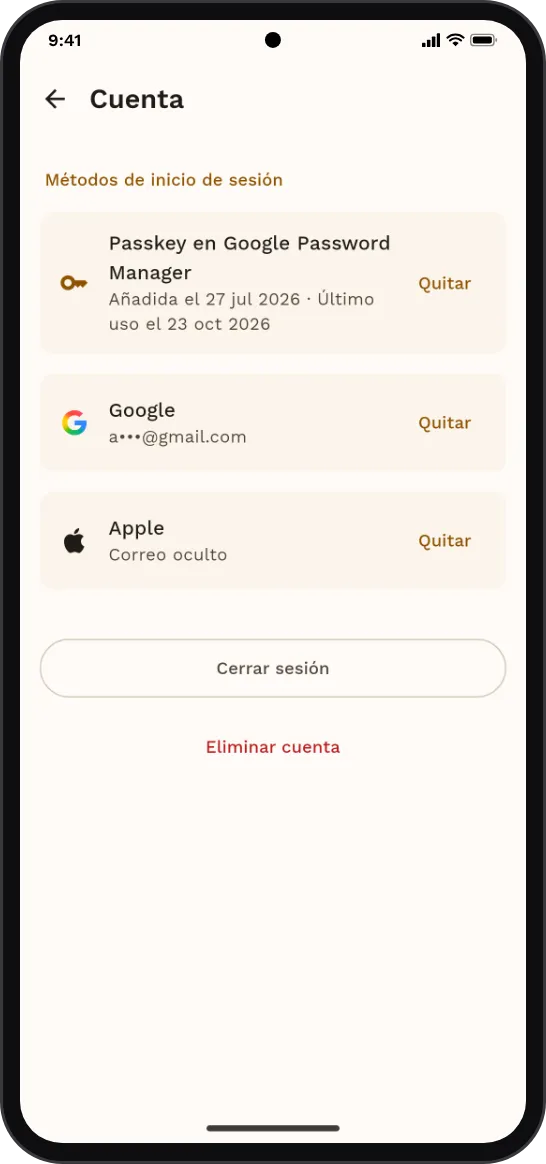 La pantalla de la cuenta: entrar con passkey, Google o Apple, cerrar sesión o eliminar la cuenta.