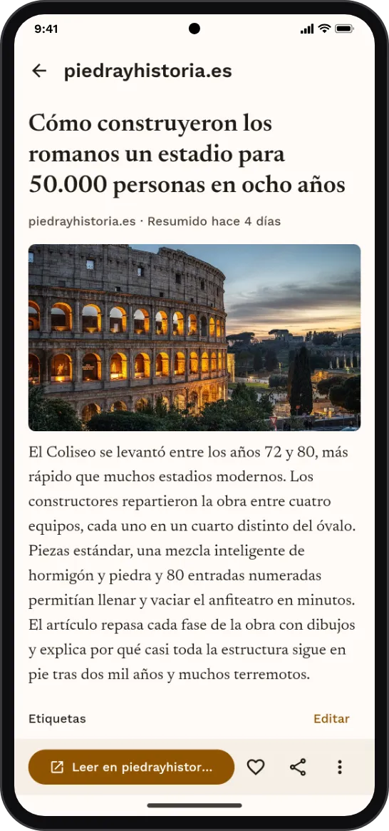 Un artículo en ForLater: el título, el resumen, las etiquetas y un botón para leer el artículo completo.
